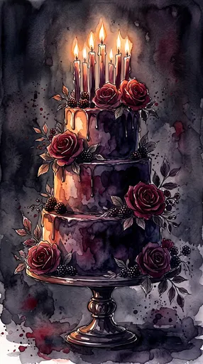 Dark Watercolor Three-Tier Birthday Cake Illustration