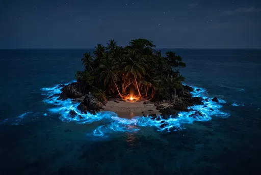 Tropical Islet With Bioluminescent Waves at Night