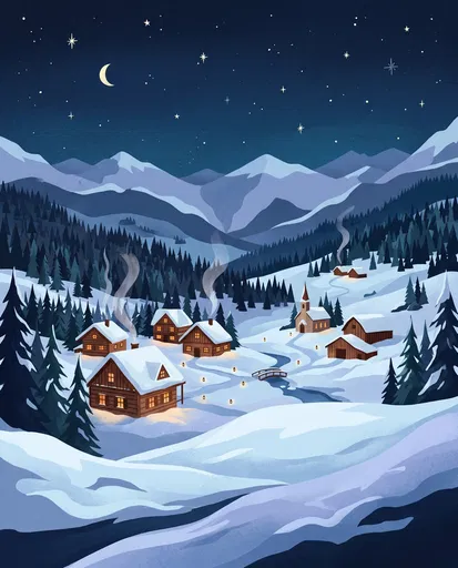 Snowy Alpine Village Night Illustration