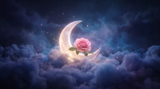 Glowing Crescent Moon Cradling Pink Rose