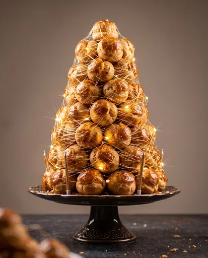 Croquembouche Pastry Tower with Caramel and Lights
