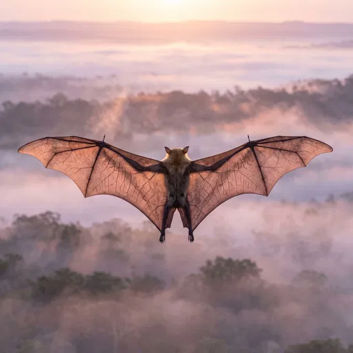 Fruit Bat Gliding Over Misty Dawn Forest