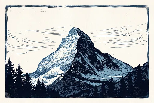 Blue Linocut Mountain Peak Illustration