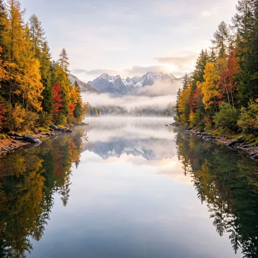 Misty Alpine Lake in Autumn
