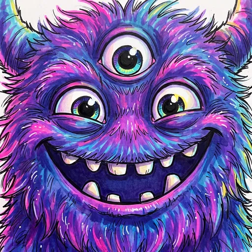 Three-Eyed Fuzzy Monster Marker Drawing