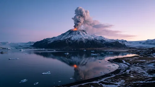 Erupting Ice-Capped Volcano Over Glacial Lagoon