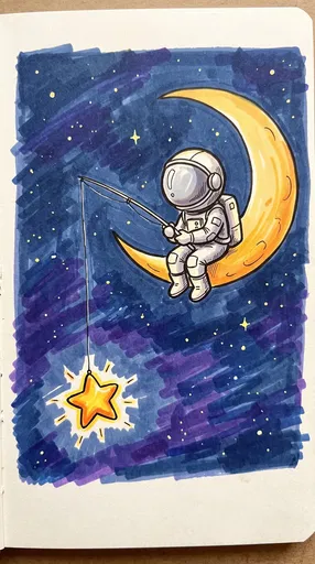 Marker Illustration of Astronaut Fishing on Moon