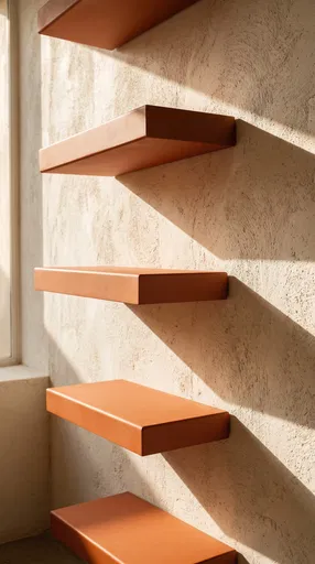 Terracotta Floating Shelves on Stucco Wall