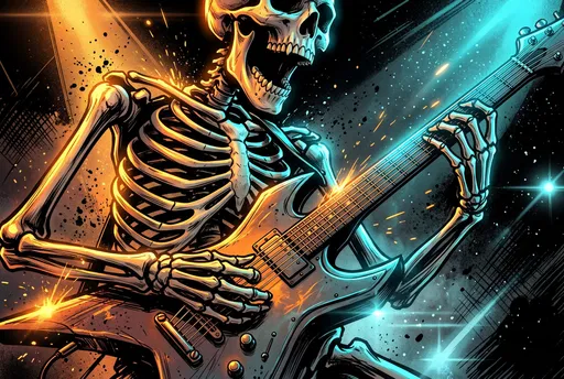 Comic Illustration of Skeleton Playing Electric Guitar