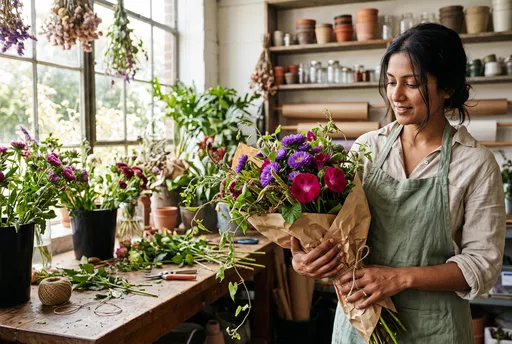 Woman Florist Holding Bouquet in Sunlit Studio