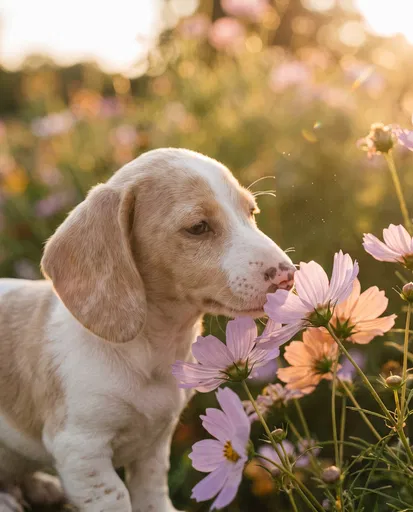 Dachshund Puppy Sniffing Cosmos Flowers