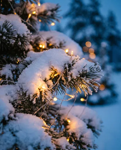 Snowy Pine Branch with Warm String Lights