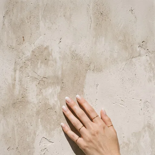 Hand With Milky Manicure Against Plaster Wall