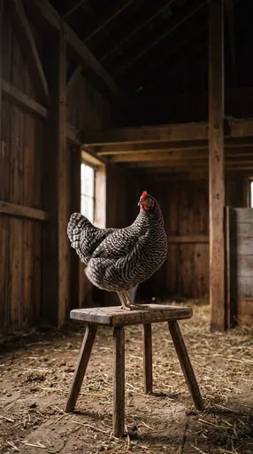 Barred Hen on Wooden Stool in Barn