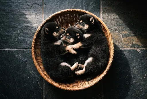 Three Shiba Inu Puppies Sleeping in Basket