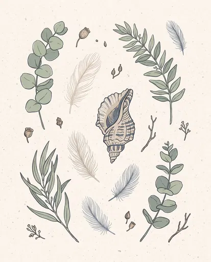 Botanical Leaves Feathers and Seashell Illustration