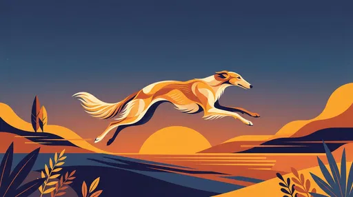 Stylized Borzoi Leaping at Sunset Illustration