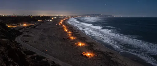 Night Beach Bonfires Along Coastline