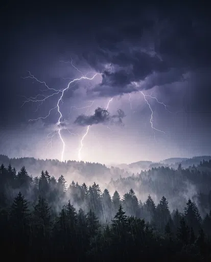 Lightning Storm Over Misty Pine Forest