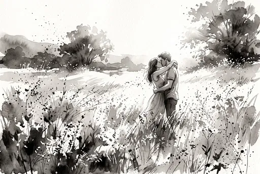 Monochrome Watercolor Illustration of Couple Kissing