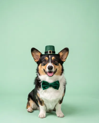 Tricolor Corgi in St. Patrick's Day Attire