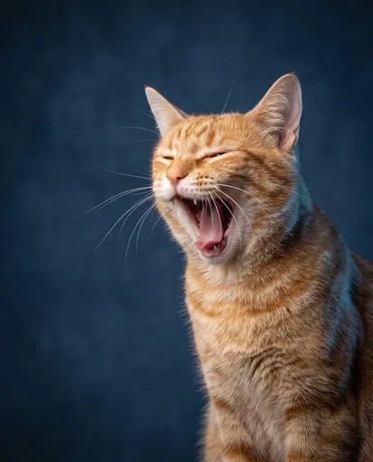 Orange Tabby Cat Yawning on Blue Backdrop