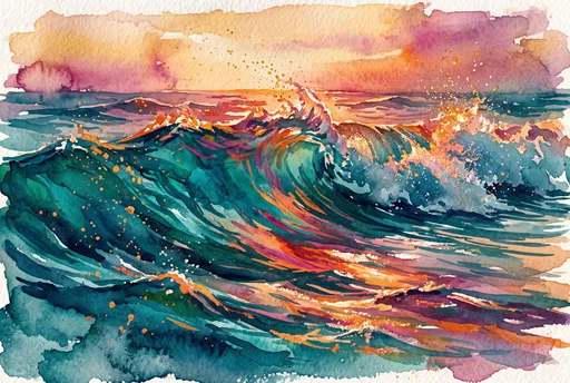 Watercolor Ocean Waves at Golden Hour