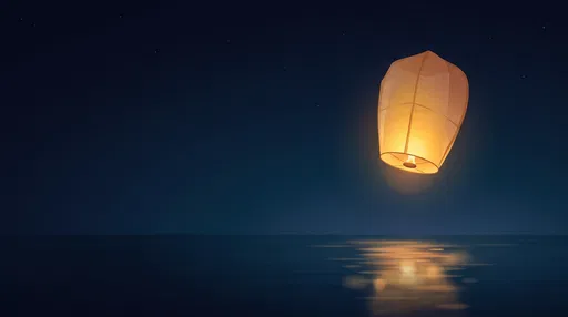 Glowing Sky Lantern Over Calm Night Water