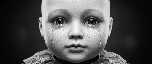 Cracked Porcelain Doll Crying in Monochrome