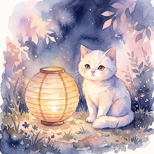 Watercolor White Cat Beside Glowing Paper Lantern