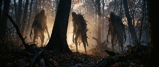 Three Eerie Cloaked Monsters in Forest