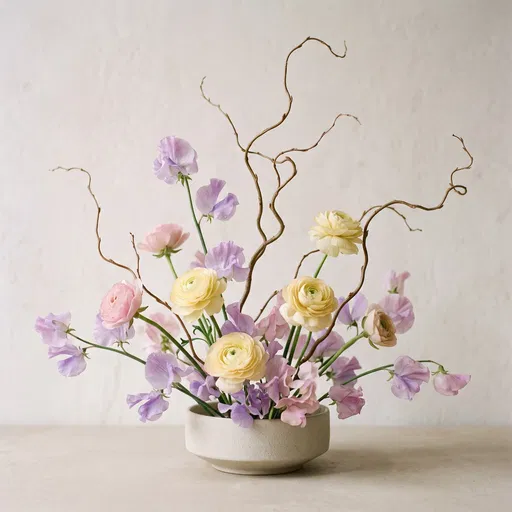 Pastel Ikebana Floral Arrangement in Ceramic Bowl