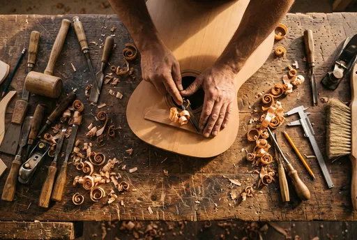 Luthier Hands Carving Wooden Guitar Soundboard