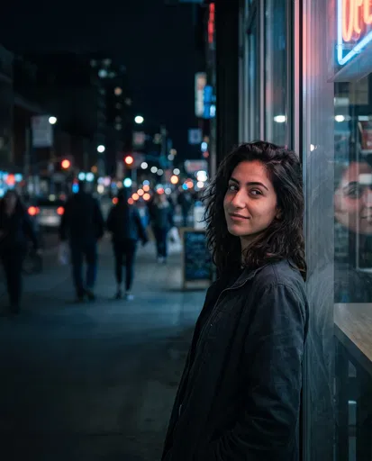 Woman Smirking By City Window At Night