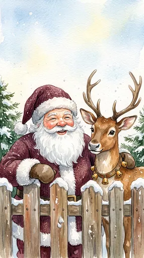 Watercolor Santa and Reindeer Behind Snowy Fence