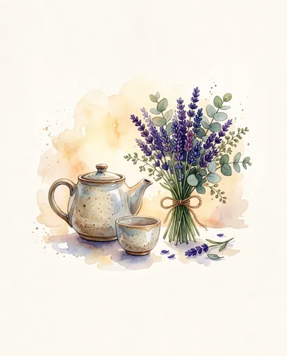 Watercolor Teapot and Lavender Bouquet Illustration