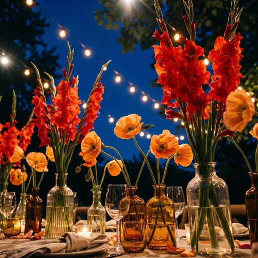 Gladiolus and Poppies on Evening Table