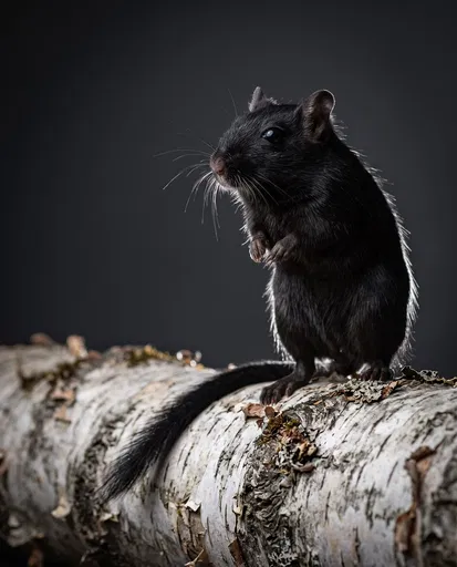 Black Gerbil Standing on Birch Log
