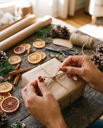 Hands Tying Twine on Kraft Gift