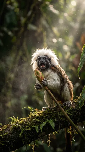 Cotton-Top Tamarin Singing Into Flower Bud