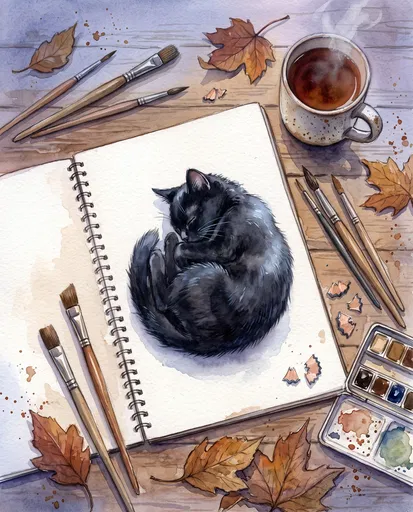 Watercolor Black Cat on Sketchbook
