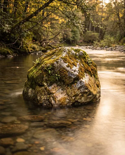 Mossy Boulder in Golden Hour Stream