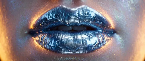 Close-Up of Metallic Blue Glossy Lips