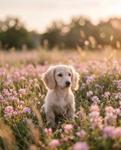 Cream Dachshund Puppy in Flower Meadow