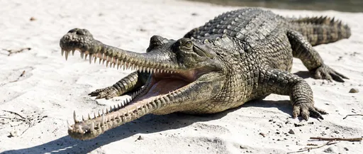 Gharial Crocodile With Open Jaws on Sand