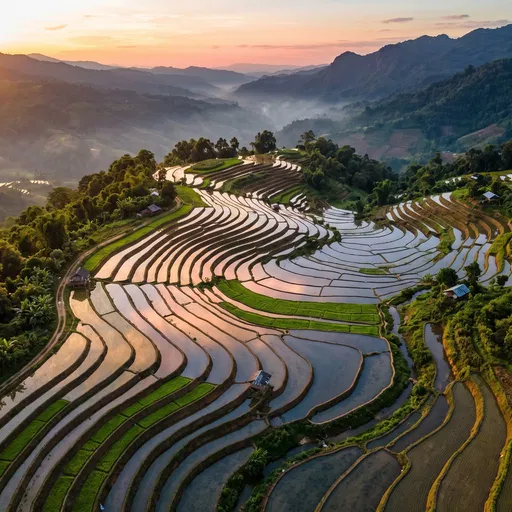 Aerial Sunset Over Stepped Rice Terraces