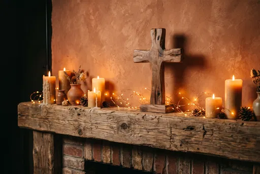 Wooden Cross on Rustic Candlelit Mantelpiece