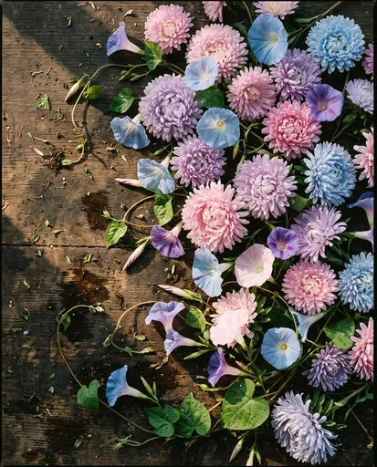 Pastel Asters and Morning Glories on Wood