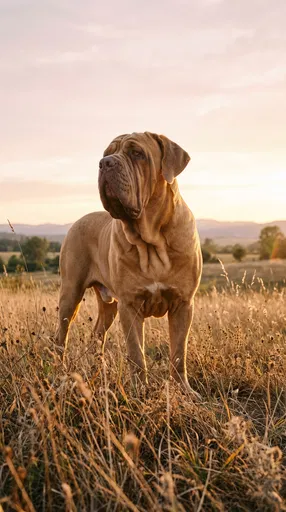 Tawny Mastiff Standing in Golden Meadow