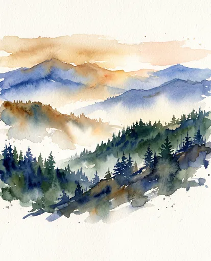 Watercolor Mountain Landscape Painting at Dawn